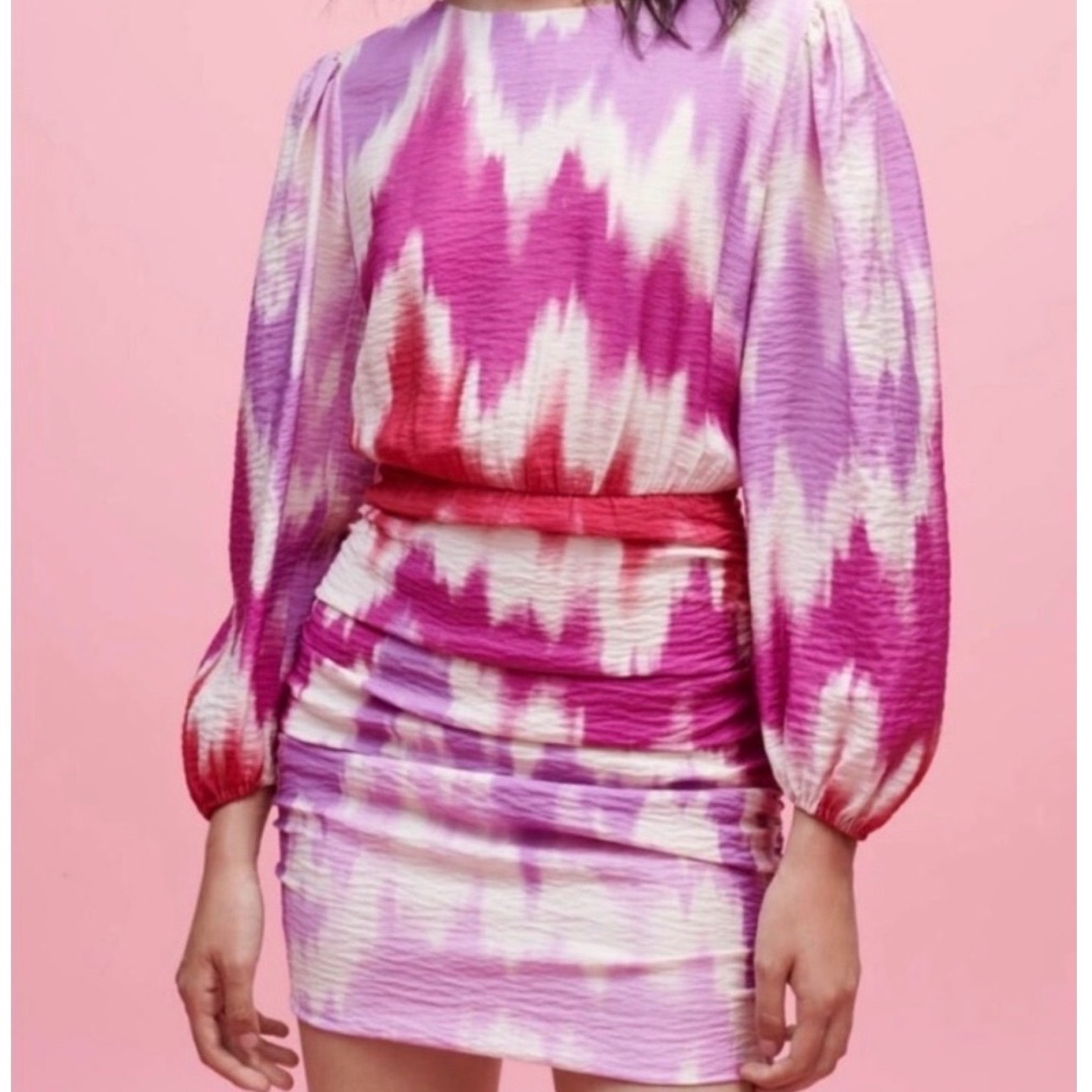 $445 Nwt Maje Ritie Tie Dye Ikat Ruched Viscose Mini Dress Long Sleeve Sz 38/Med